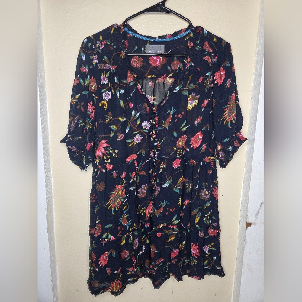 Anthropologie Top Blouse Floral Black Red Flowers Front Buttons Womens Large